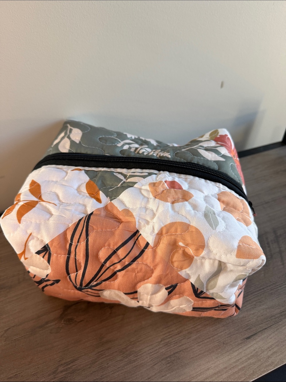 New Floral Quilted Storage Pouch - Peach & Sage